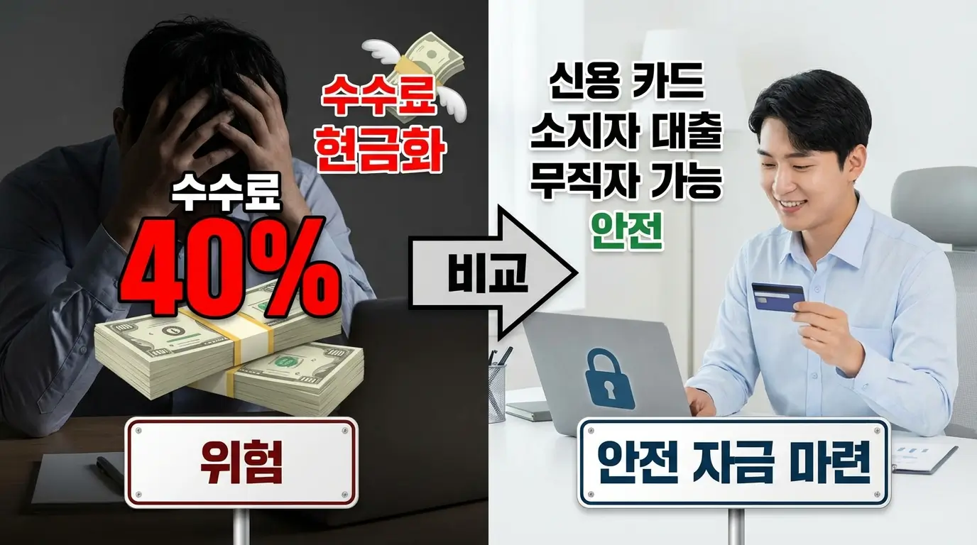 수수료 40%를 내는 현금화 대신 무직자도 가능한 신용 카드 소지자 대출을 통해 안전하게 자금을 마련하는 비교 이미지