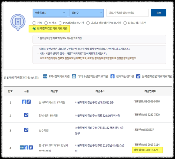 잠복결핵의료기관검색결과