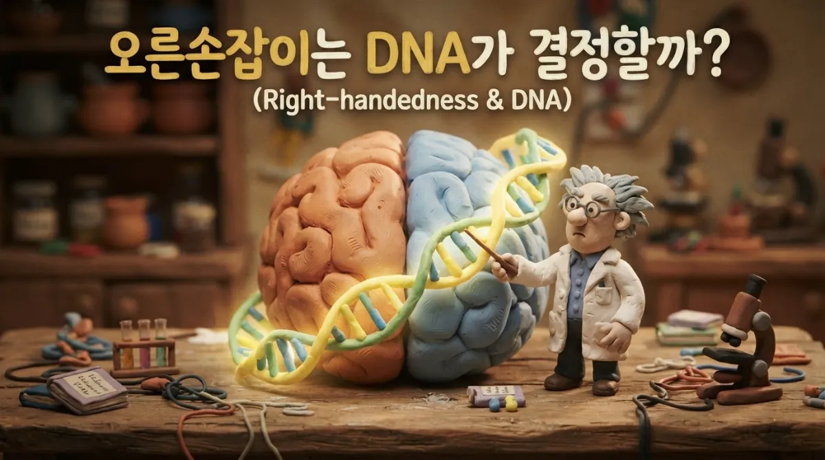 오른손잡이는 DNA가 결정할까? 클레이 스톱모션 썸네일 인포그래픽 &mdash; 좌우 뇌 반구와 DNA 이중나선 헬릭스를 아드만 스튜디오 스타일로 표현한 메인 이미지
