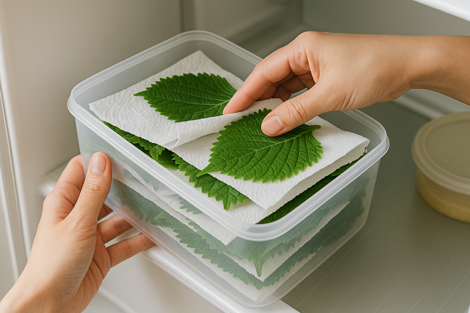 깨끗한 주방에서 깻잎을 키친타월로 한 장씩 싸서 밀폐용기에 넣는 손