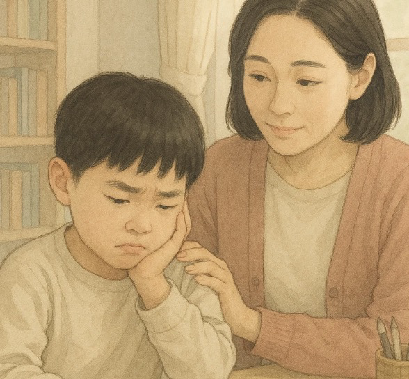 불편해하는 아이 옆에서 감정 조절하는 엄마