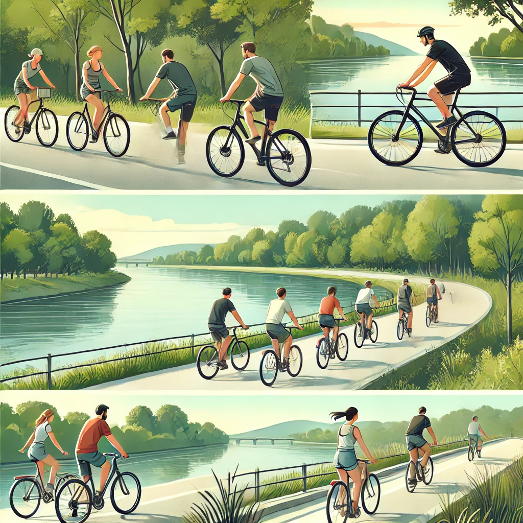 강가 자전거 도로에서 자전거 타는 사람들