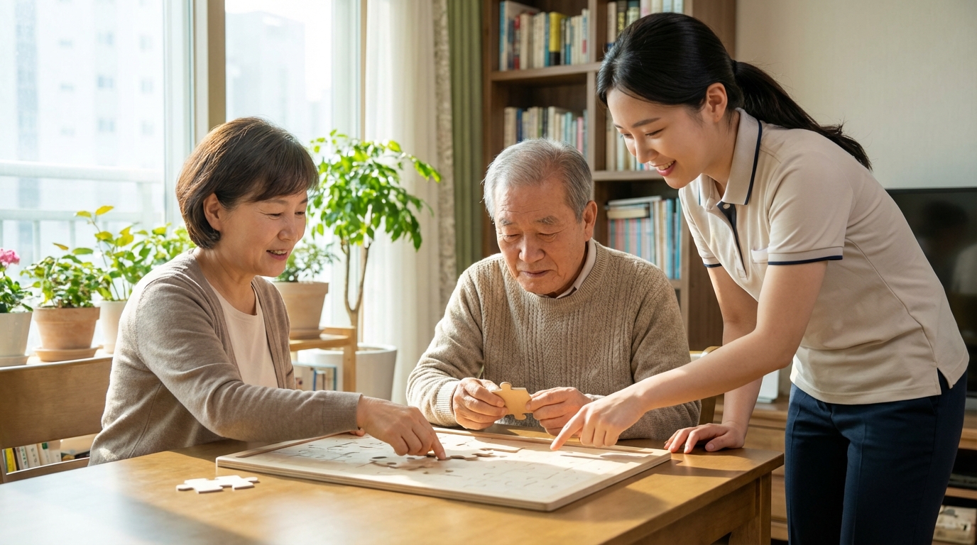 가정에서 치매 전문 요양보호사의 도움을 받으며 딸과 함께 인지 활동 퍼즐을 맞추고 있는 한국 어르신의 모습