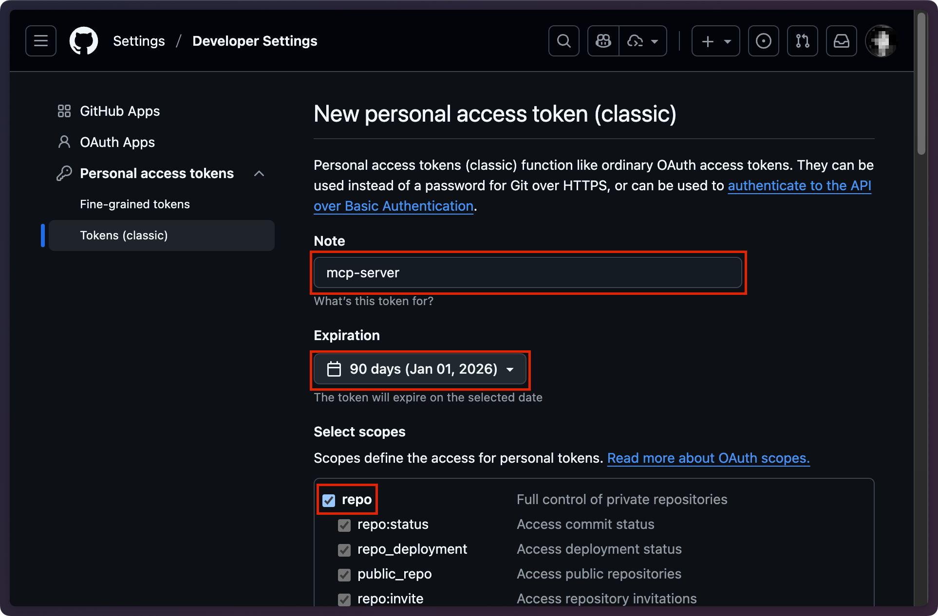 깃허브 토큰 이름, 만료 기간, 권한 설정 화면