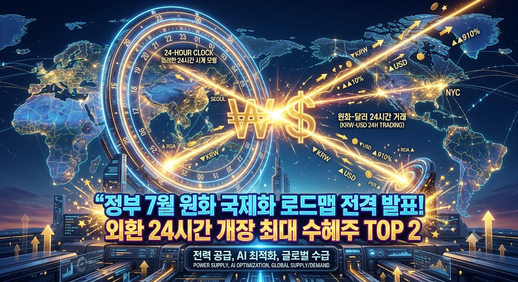 화려한 디지털 세계 지도 위로 24시간 시계 모형과 원화(₩) 및 달러($) 기호가 화려한 황금빛 레이저로 교차하고 있고, 하단에는 "정부 7월 원화 국제화 로드맵 전격 발표! 외환 24시간 개장 최대 수혜주 TOP 2"라는 볼드한 네온 텍스트가 박힌 미래지향적 금융 그래픽 이미지.