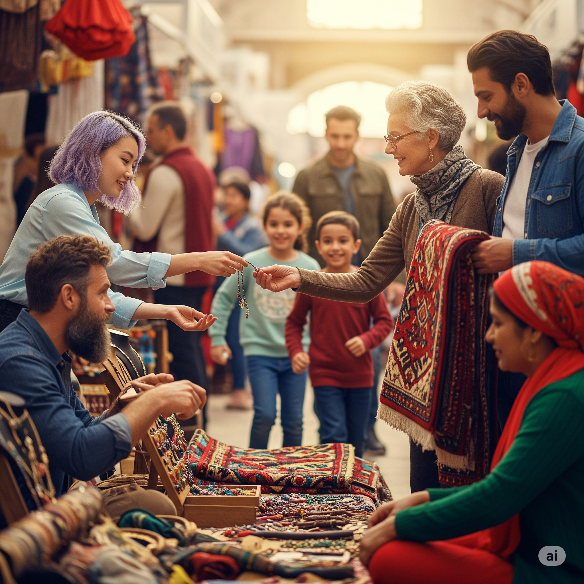 다양한 사람들이 활기찬 시장에서 상품과 서비스를 교환하는 모습