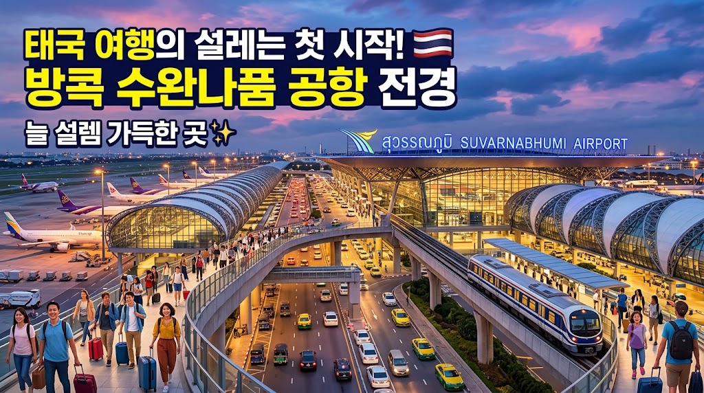 방콕 수완나품 국제공항 입국장 앞에서 캐리어를 끌고 가는 여행객들의 모습