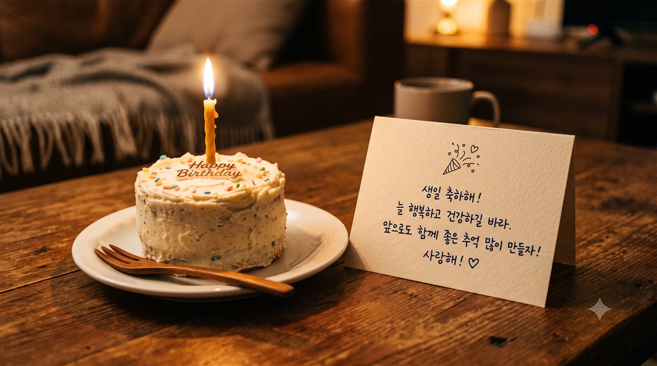 촛불이 켜진 생일 케이크 옆에 놓인 손글씨 축하 카드