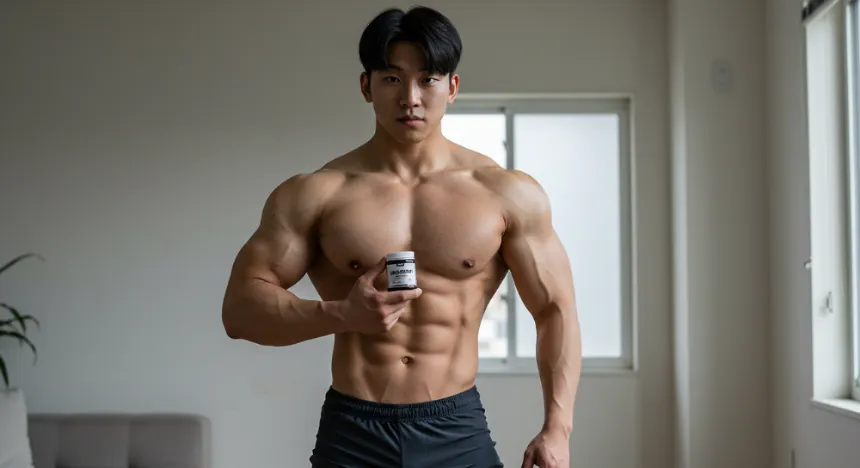 방안에서 마그네슘 영양제를 들고 있는 남자 이미지