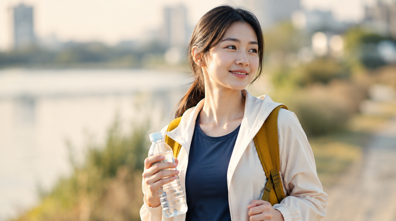 가벼운 산책 뒤 물병을 들고 미소 짓는 여성, 운동 동기 유지의 즐거움