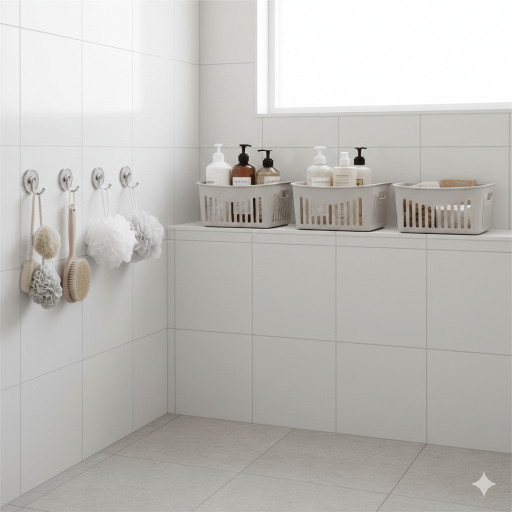 샤워볼, 샴푸린스, 바디샴푸등 욕실용품 정리된 사진