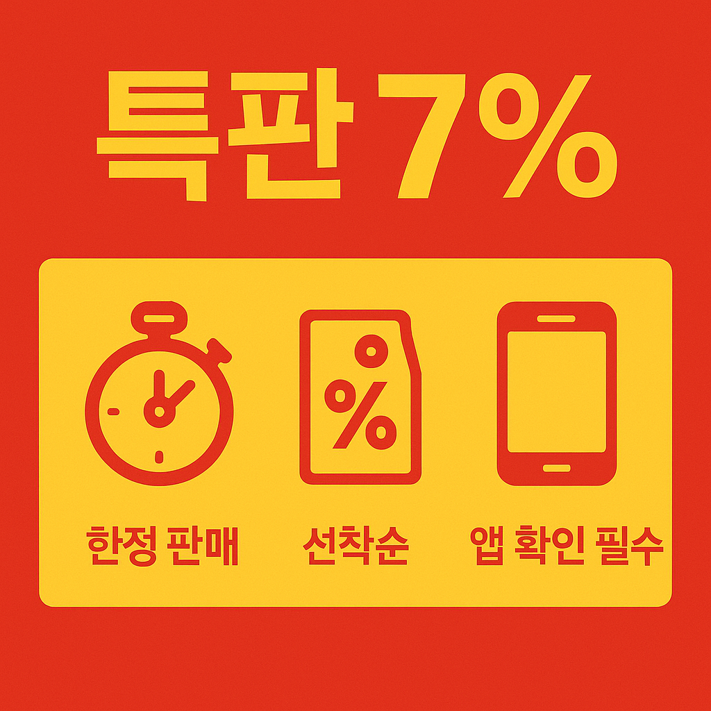 기업은행 적금 특판으로 최대 7% 금리를 제공하는 한정 판매 상품 정보를 나타내며 선착순 가입, 앱 확인 필수 조건을 강조하는 금융 이벤트 안내 이미지입니다.