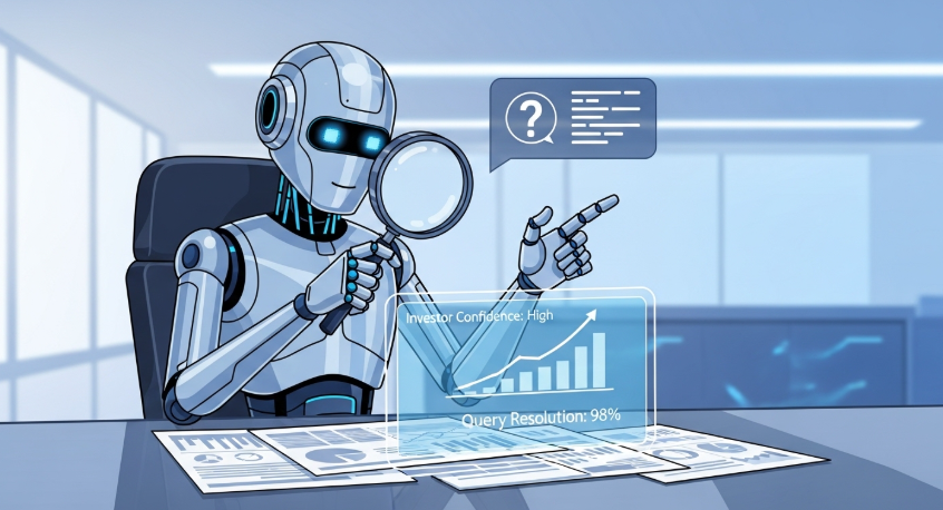 스피어 주가 전망 관련 이미지(돋보기를 들고 서류를 분석하며 투자자들의 궁금증을 명쾌하게 해결해 주는 스마트한 AI 로봇 일러스트)