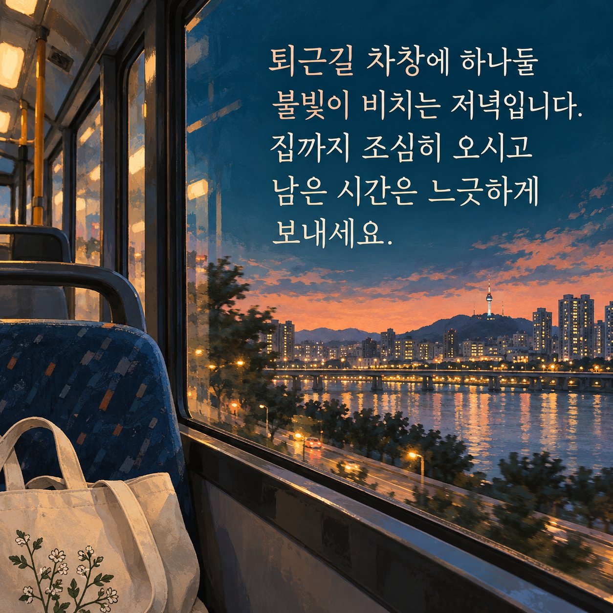 퇴근 후 쉬어가는 저녁 인사 이미지 2 — 퇴근길 차창에 하나둘 불빛이 비치는 저녁입니다. 집까지 조심히 오시고 남은 시간은 느긋하게 보내세요.