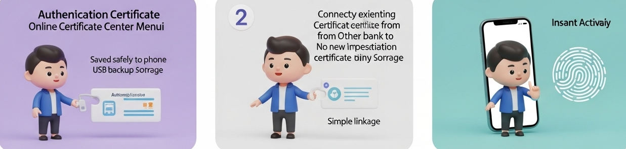 Person choosing between branch visit with ID card or app-based remote registration then setting up authentication certificate for banking