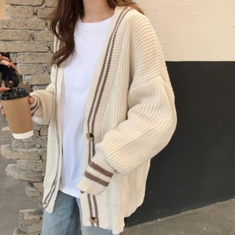 여성 가을 가디건 베이직 데일리 에이런 두줄배색