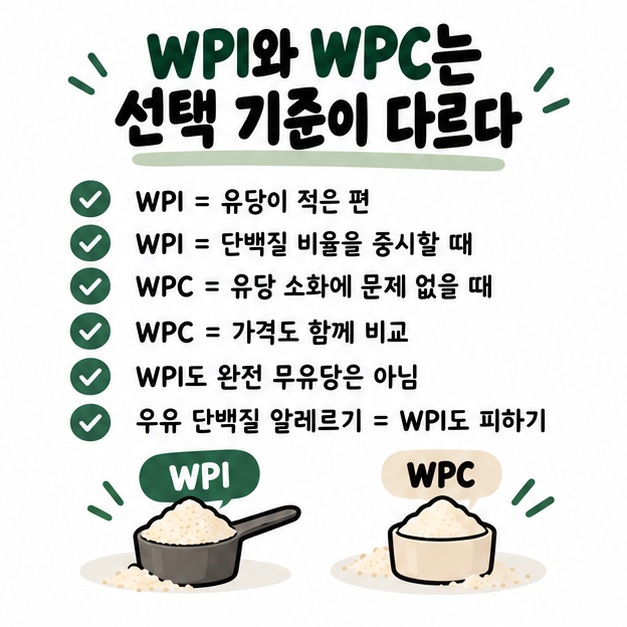 WPI는 유당에 민감하거나 단백질 비율을 중시할 때, WPC는 가격을 중시하고 유당 소화에 문제가 없을 때 비교할 수 있다는 카드