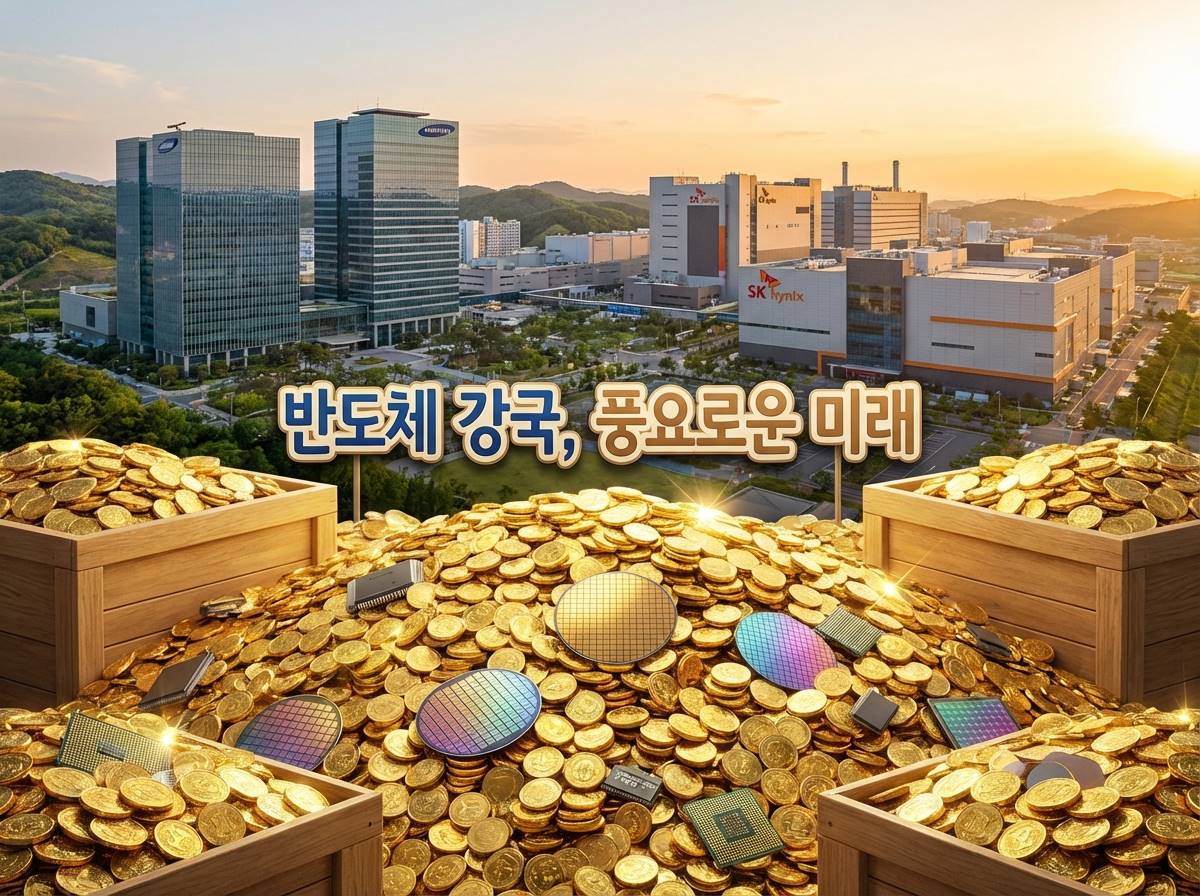 삼성전자 본사와 SK하이닉스 공장이 배경에 있고 전면에 황금색 코인과 반도체 칩이 가득 쌓여 있는 풍요로운 이미지