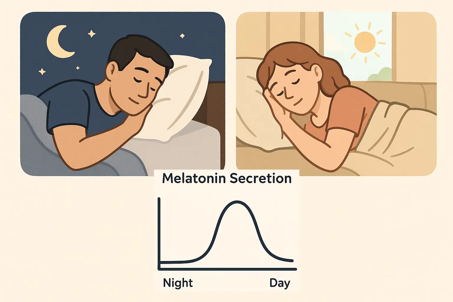 멜라토닌 분비 그래프와 함께 &lsquo;밤에 숙면하는 사람&rsquo;과 &lsquo;낮잠 자는 사람&rsquo;을 비교하는 장면