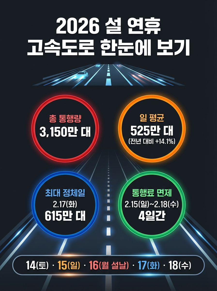 2026 설 연휴 고속도로 한눈에 보기 인포그래픽 - 총 통행량 3150만대, 일평균 525만대(전년대비 14.1% 증가), 최대 정체일 2월 17일 화요일 615만대, 통행료 면제 2월 15일부터 18일까지 4일간, 연휴 기간 2월 14일 토요일부터 18일 수요일까지