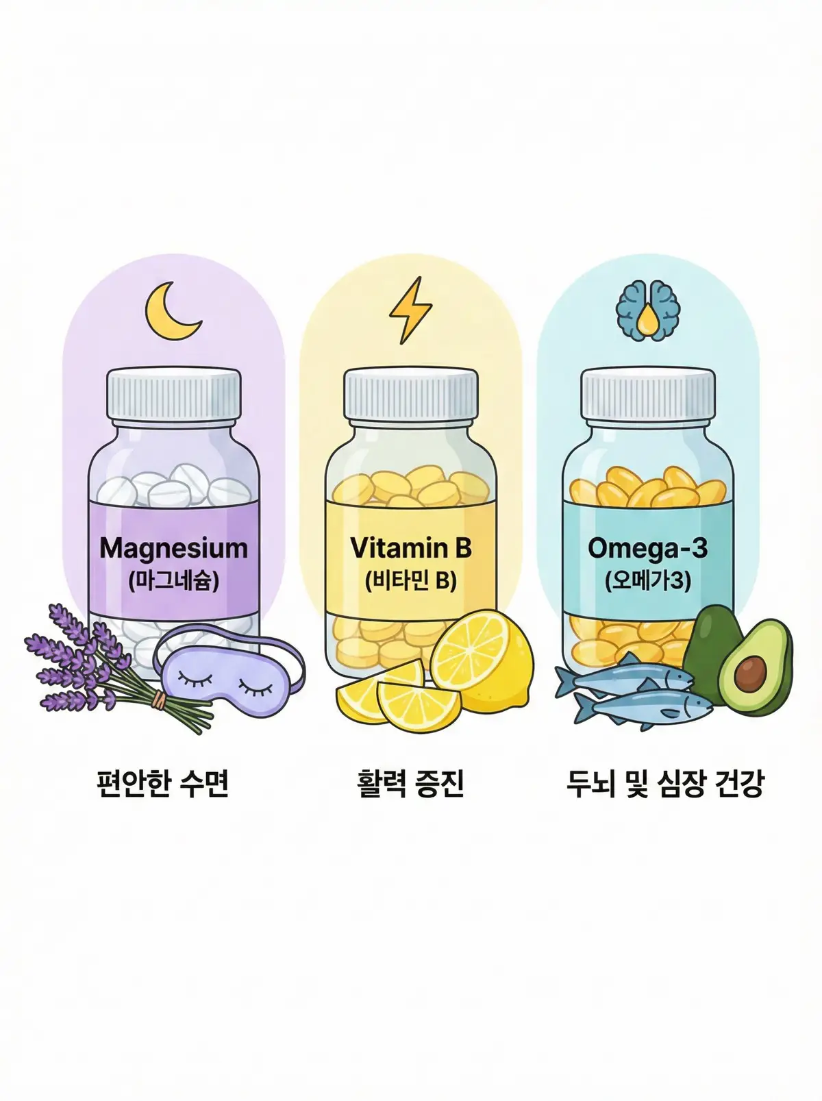 마그네슘, 비타민B, 오메가3를 상징하는 건강하고 깨끗한 이미지