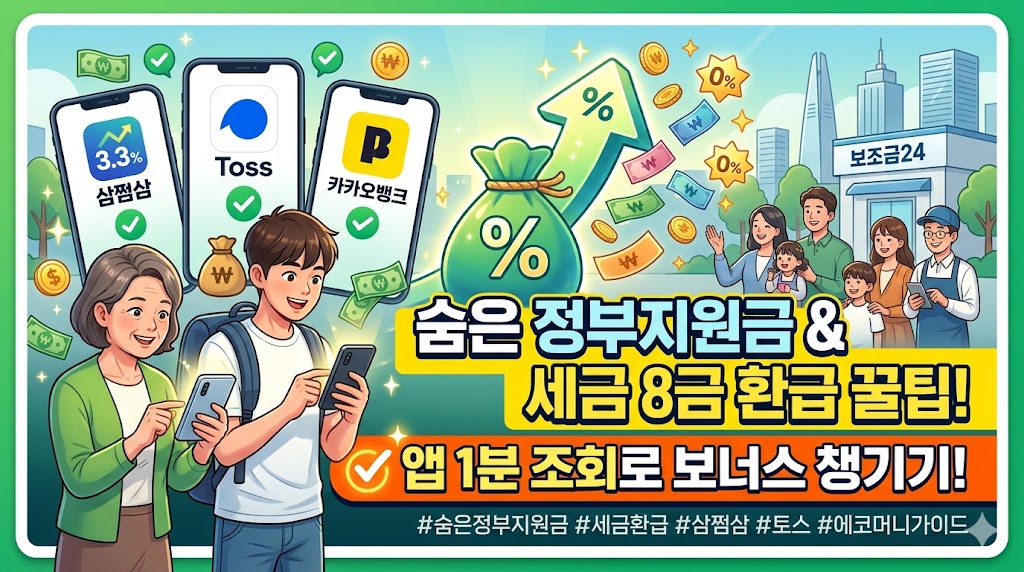 왼쪽 전면에 중장년 여성과 젊은 청년이 각각 스마트폰을 들고 밝은 표정으로 화면을 확인하고 있는 일러스트. 그들 위로 삼쩜삼, 토스, 카카오뱅크 로고가 띄워진 세 대의 스마트폰이 배치되어 있고, 중앙에는 초록색 돈주머니와 함께 위로 솟구치는 성장 화살표, 사방으로 날아다니는 지폐와 동전이 시각화되어 있다. 오른쪽 배경에는 '보조금24' 건물 앞에 모여 기뻐하는 다양한 세대의 가족들이 보이며, 하단에는 "숨은 정부지원금 &amp; 세금 환급 꿀팁!", "앱 1분 조회로 보너스 챙기기!"라는 타이틀이 노란색과 주황색 배너 위에 굵은 글씨로 강조되어 있다.