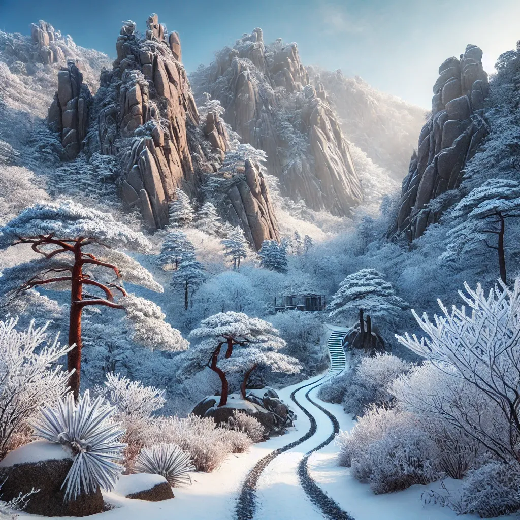 설악산의 눈 덮인 봉우리와 고요한 겨울 산책로