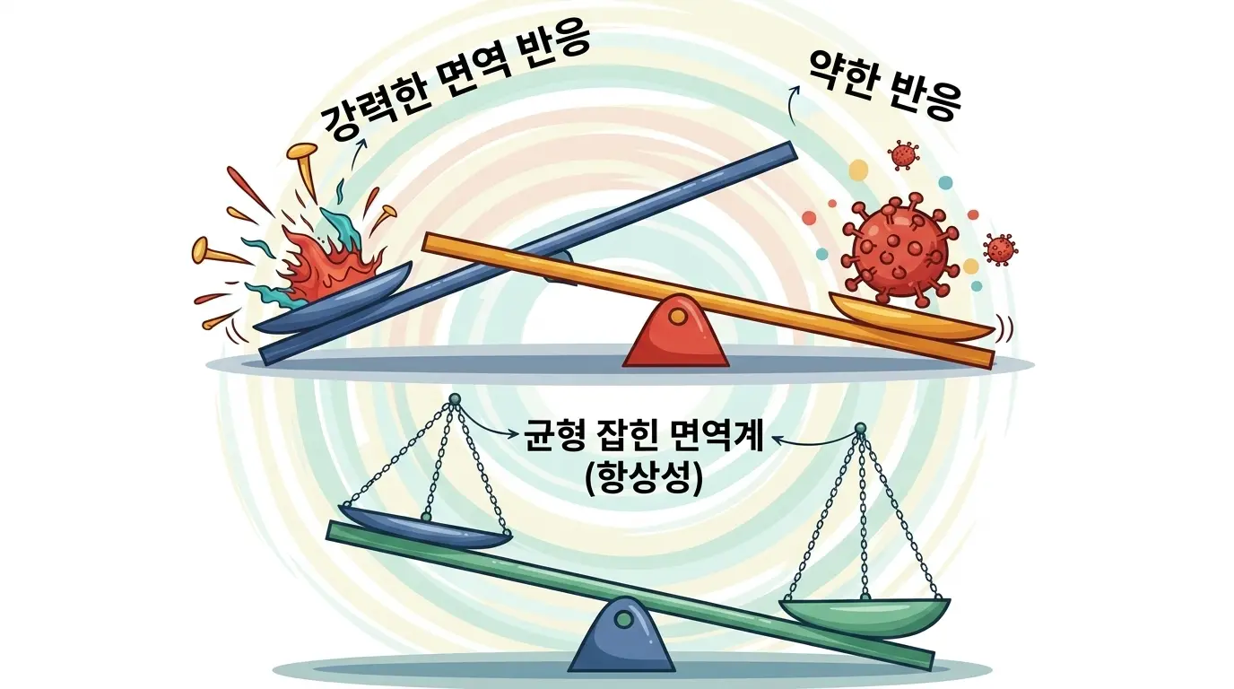 면역 균형의 중요성을 시소 형태로 표현한 건강 개념 이미지