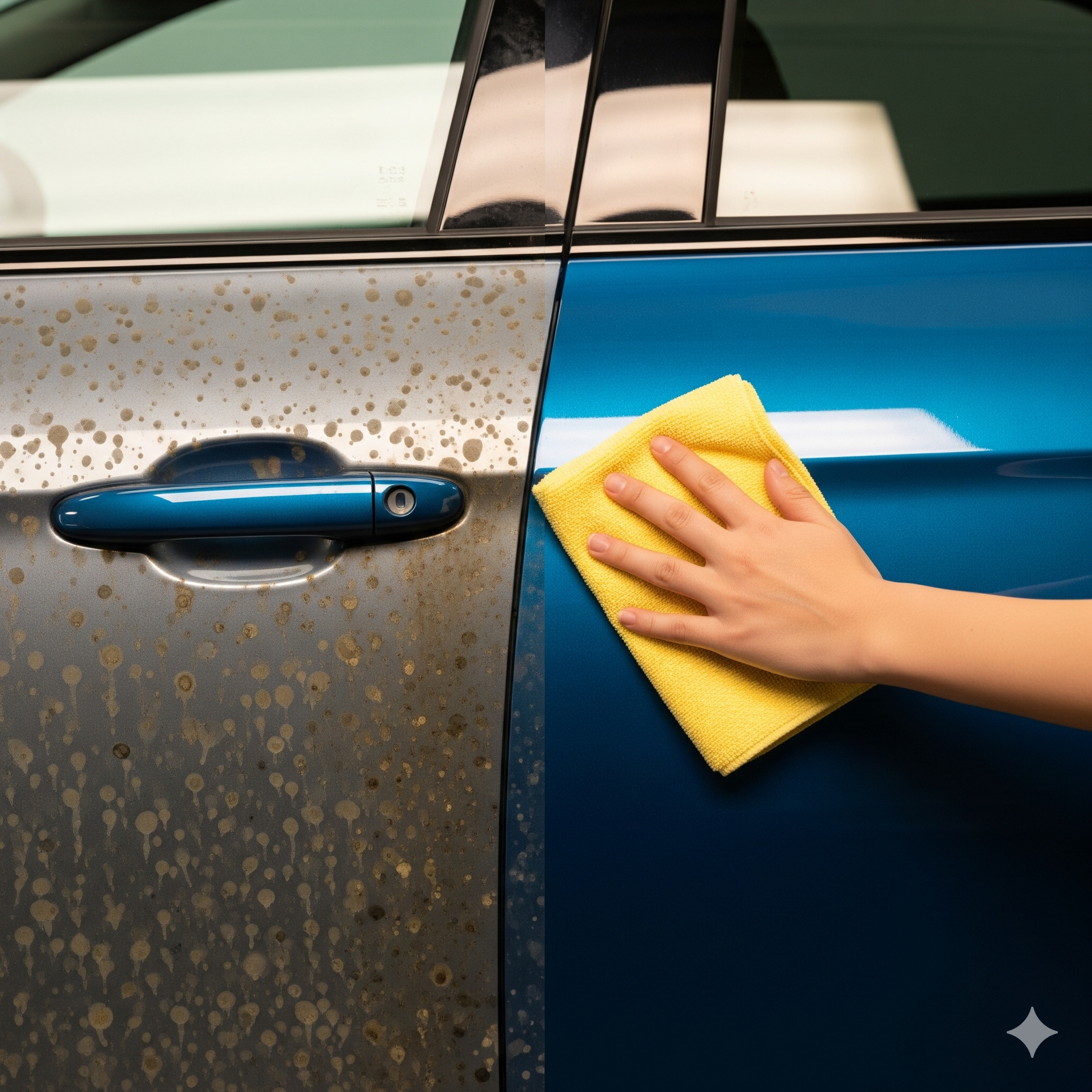 자동차 도장면의 절반은 워터스팟으로 얼룩져 있고, 나머지 절반은 완벽하게 광택이 복원되어 깨끗한 상태를 극적으로 비교하는 이미지