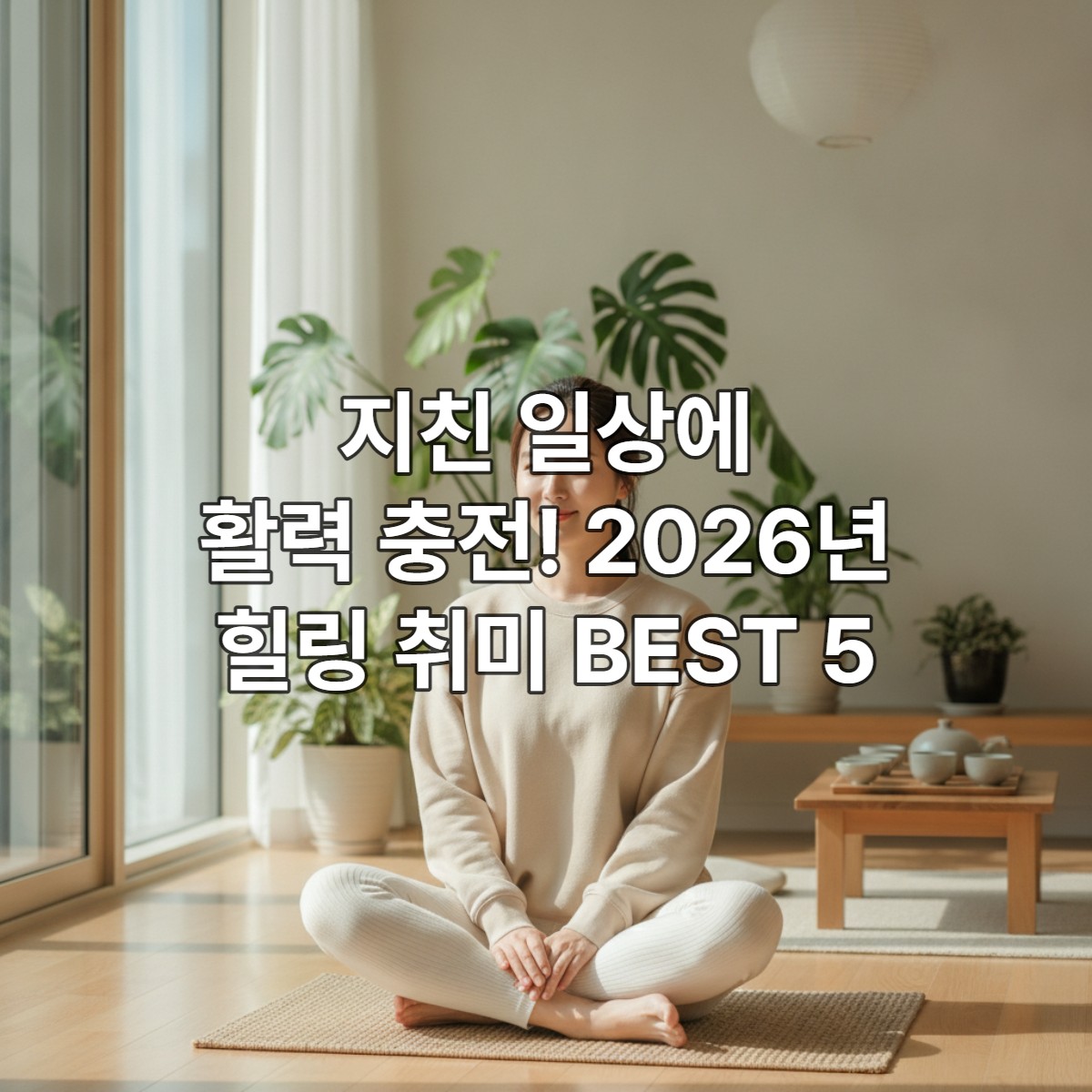 햇살 가득한 실내에서 편안한 요가 자세를 취하며 미소 짓는 한국인 여성, 힐링 취미를 통한 평온한 일상