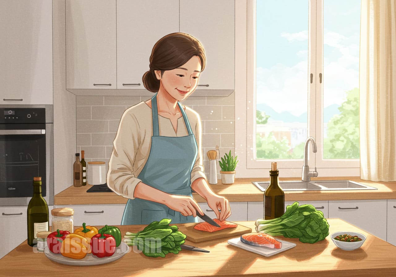 신선한 식재료로 건강식을 준비하는 중년 여성의 일상