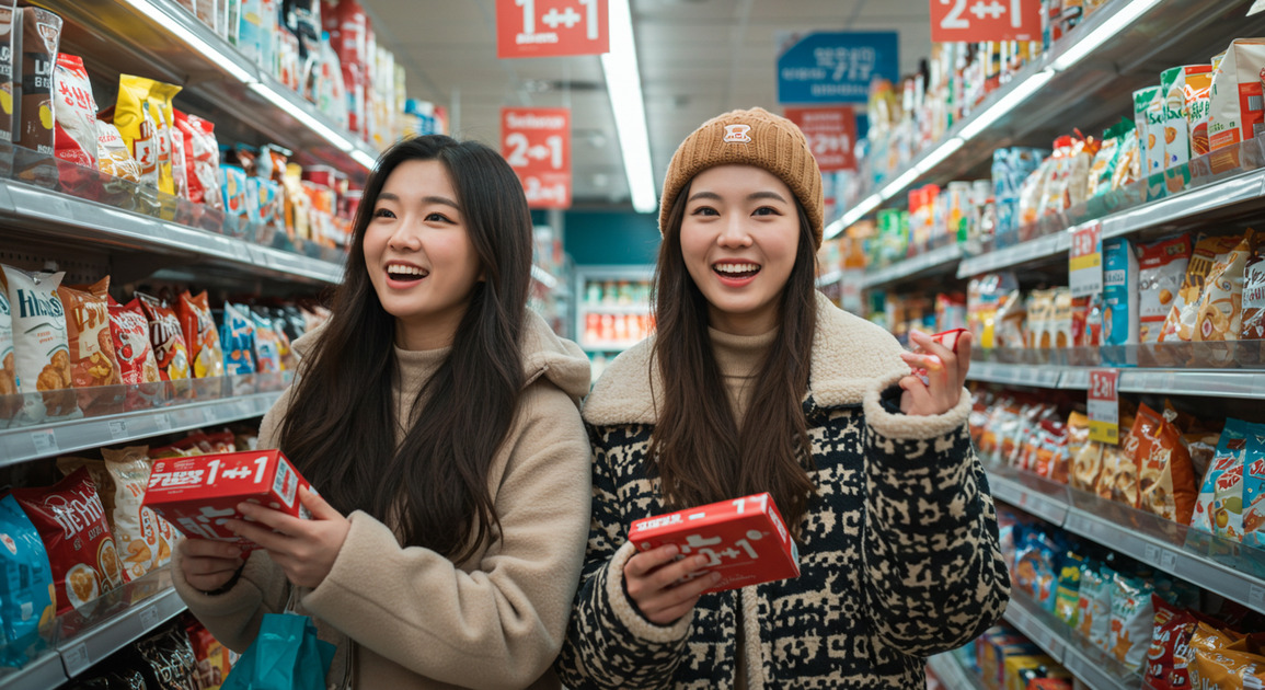 편의점 1+1·2+1 행사 장보러온 여성2명이미지