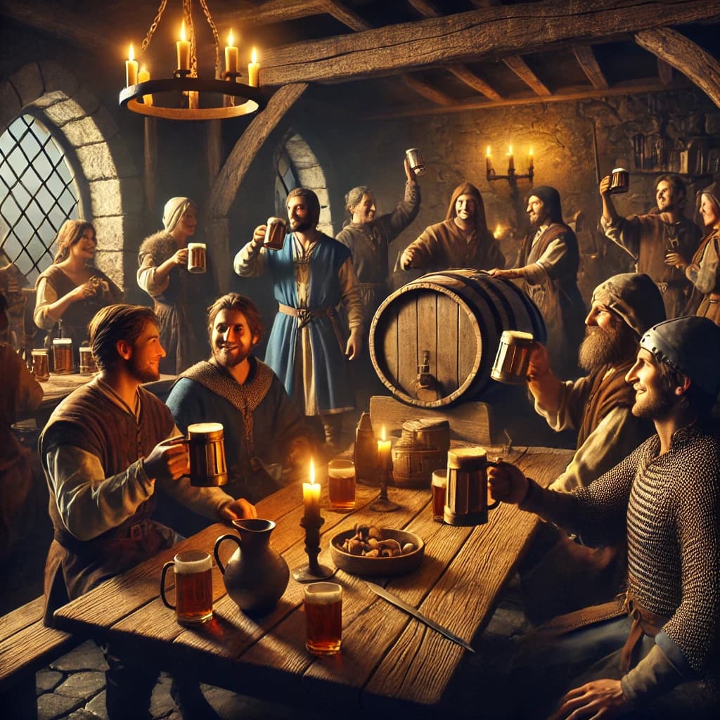 중세 유럽 음료인 맥주, 와인, 그리고 미드(Mead)를 마시고 있는 중세 유럽 인들 이미지