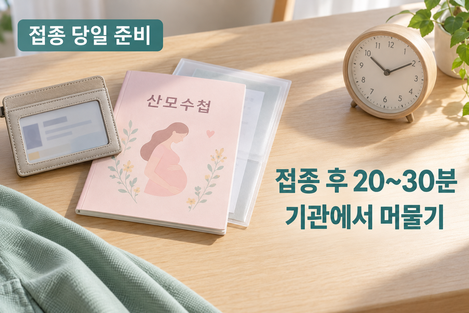 독감 접종 준비 자료와 접종 후 20~30분 대기 안내