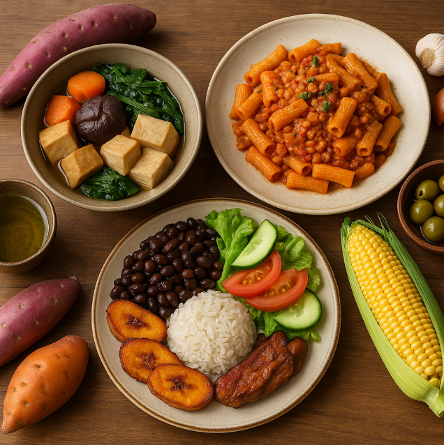 오키나와의 고구마 요리, 사르데냐의 렌틸콩 스튜, 니코야의 옥수수와 콩 요리가 함께 차려진 식탁