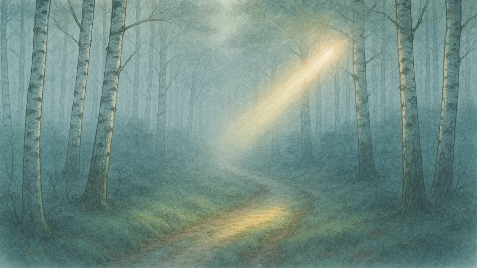 안개 낀 숲 속에서 한 줄기 빛이 들어와 길을 밝혀주는, 통찰의 순간을 상징하는 이미지