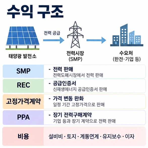 SMP REC 고정가격계약 PPA 등 태양광 발전사업의 주요 수익 구조를 설명한 인포그래픽