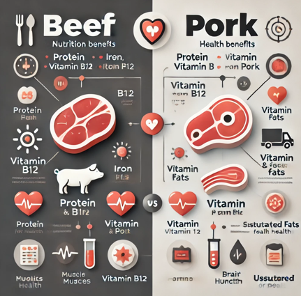 소고기와 돼지고기의 영양소별 바른 섭취와 관련된 사진