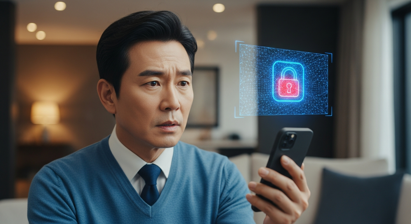 스마트폰 사용의 편리함 뒤에 숨겨진 보안 위협과 해킹 가능성을 경고하는 이미지