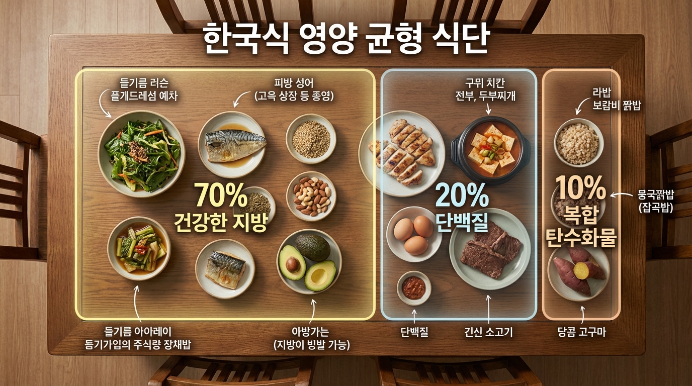 한국인의 식습관에 맞춘 지방 70%, 단백질 20%, 탄수화물 10%의 저탄고지 식판 비율 이미지