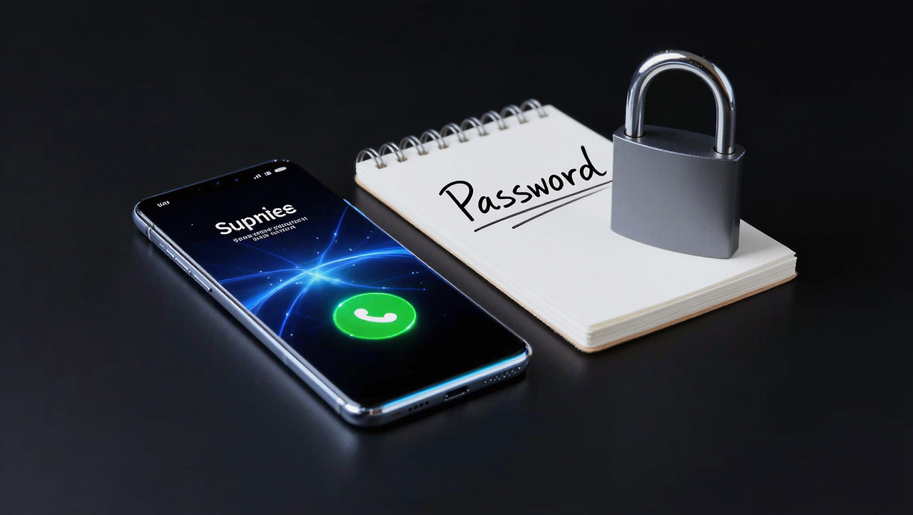 수신 전화가 표시된 스마트폰과 Password 메모, 자물쇠로 표현한 가족 암호 이미지