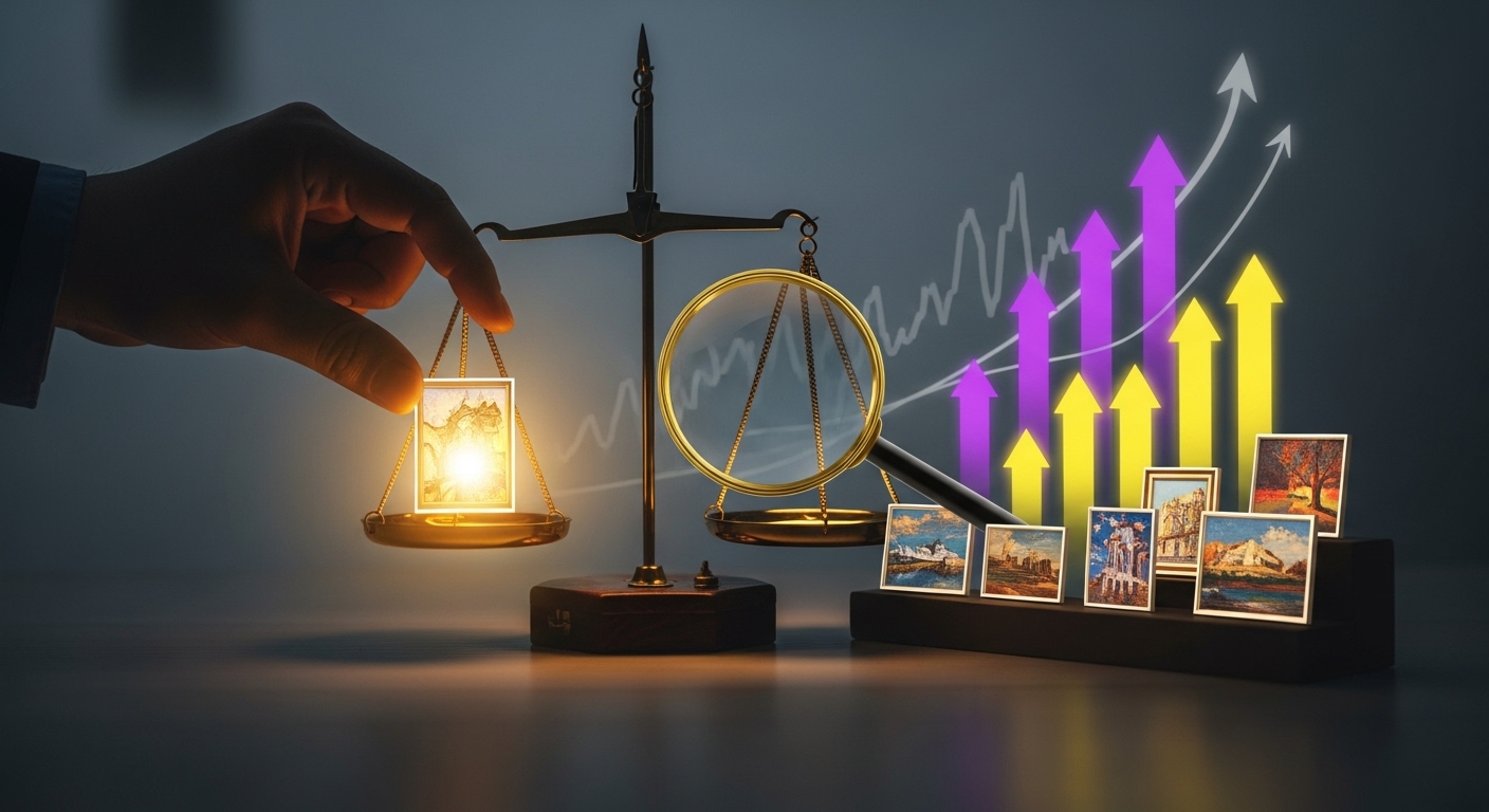 미술품 조각 투자 시 현명한 투자 전략을 상징하는 이미지. 손이 작은 예술품을 저울에 올리고 돋보기로 작품을 분석하는 모습입니다. 성장하는 포트폴리오를 나타내는 다양한 미니어처 예술품들이 보입니다.