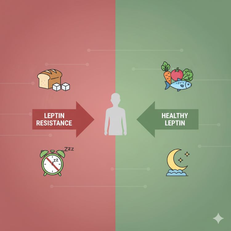 두 갈래 길이 보이는 인포그래픽. 왼쪽 길에는 빵과 설탕, 부족한 수면 시계가 렙틴 저항성으로 이어지는 붉은 화살표. 오른쪽 길에는 채소와 생선, 충분한 수면이 건강한 렙틴으로 이어지는 초록 화살표. 중앙에 선택의 기로에 선 사람 실루엣. 현대적이고 깔끔한 디자인에 대비되는 색상 사용