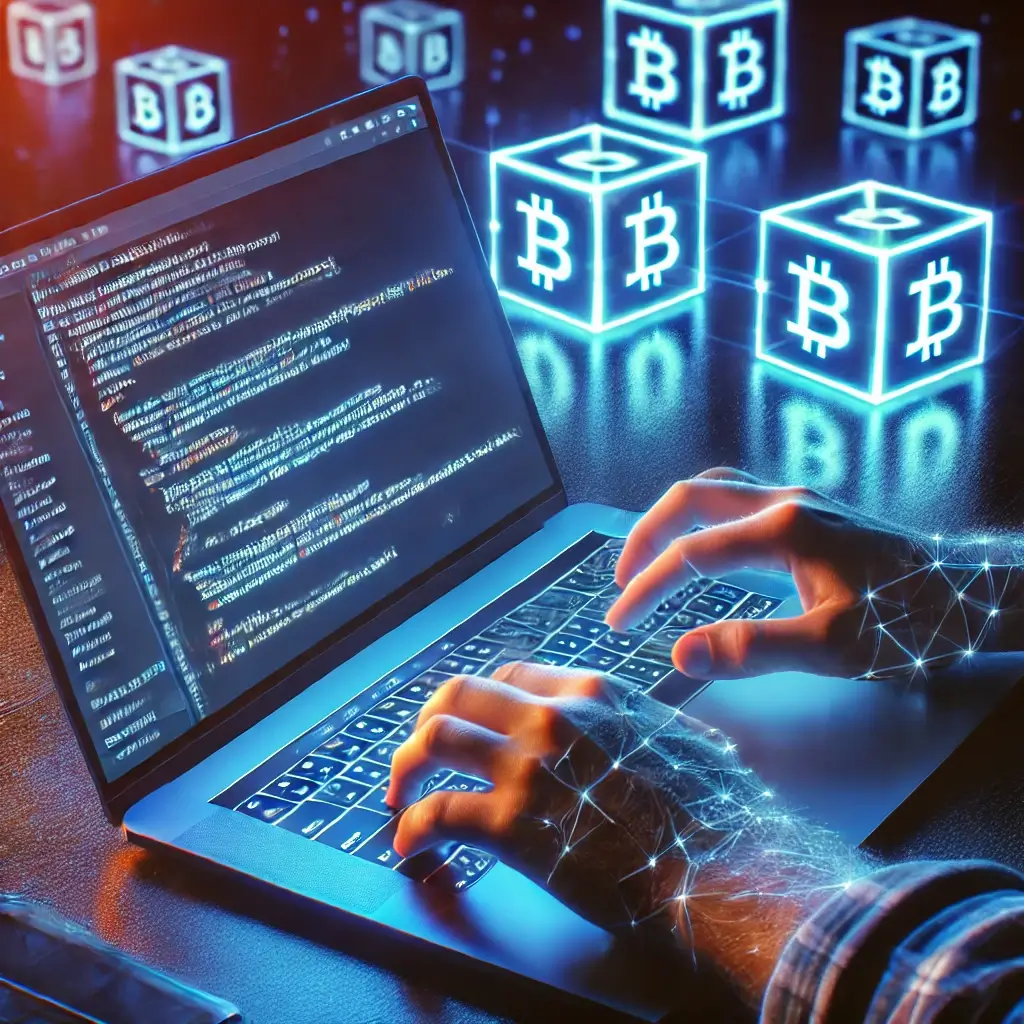 베라체인 블록 배경에서 노트북으로 코드를 작성하는 프로그래머