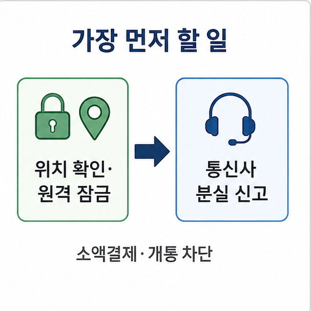 휴대폰 분실 시 우선 조치 순서, 위치 확인과 원격 잠금 후 통신사에 분실 신고하는 흐름을 나타낸 도해