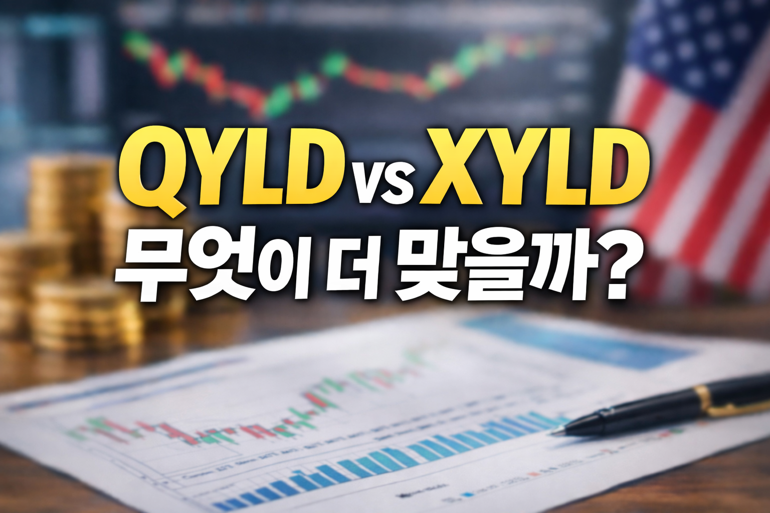 QYLD vs XYLD 비교 썸네일 이미지, 미국 월배당 ETF 두 종목의 배당 구조와 성장성 차이를 나타낸 그래프·달러 자산 분위기의 투자 이미지