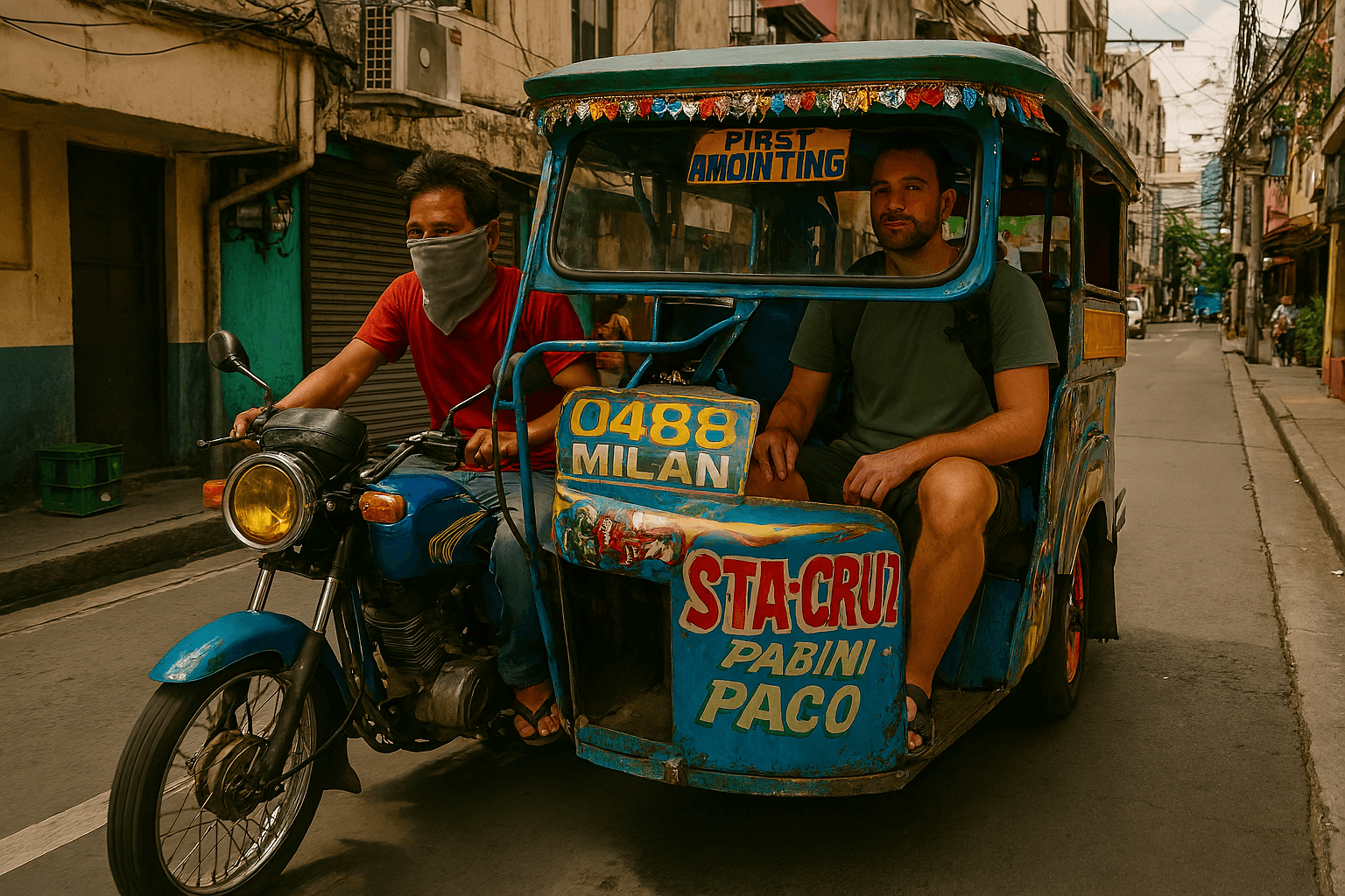 소형 오토바이를 개조한 트라이시클을 타고 필리핀의 좁은 골목길을 누비는 필리핀여행객. 현지 문화를 가까이서 체험하는 이동 수단이다.