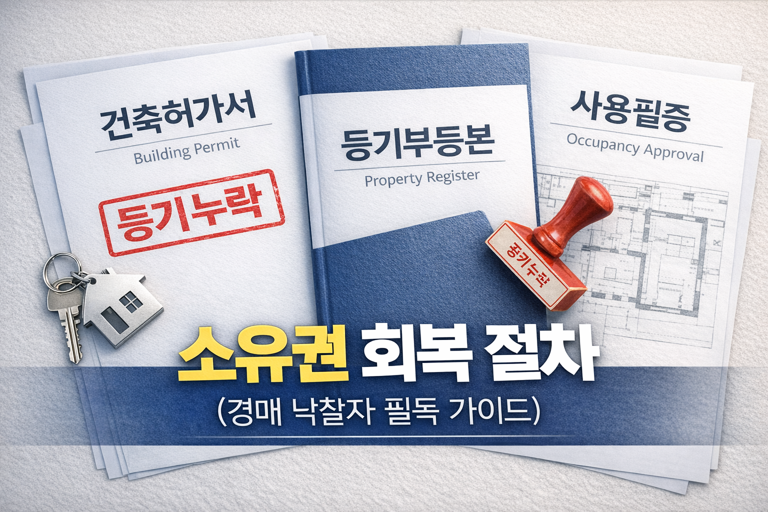 alt="경매 낙찰 후 등기 누락 건물 소유권 회복 절차 설명 이미지 (등기부등본, 건축허가서, 사용필증)"