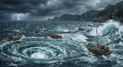 거친 파도가 몰아치는 명량 바다 혹은 울돌목의 회오리 물살 이미지