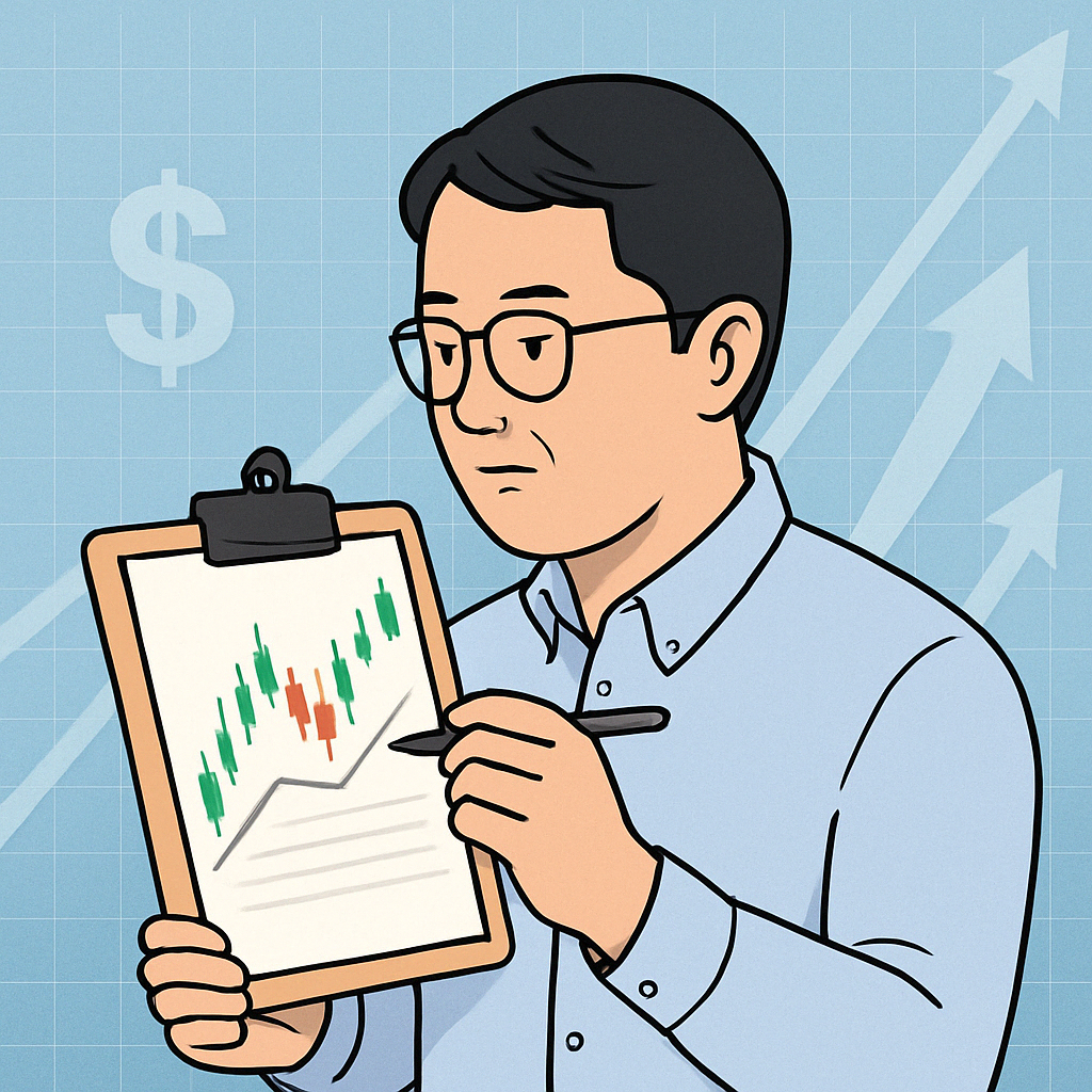 퇴직연금 DC계좌 운용중인 미백남이 TDF 투자 전략을 검토하는 일러스트